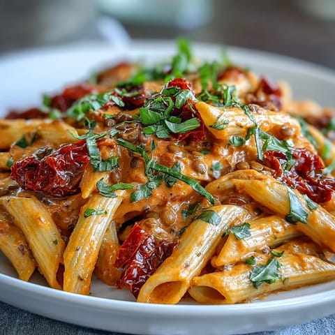 Creamy vegan pasta with roasted red peppers and lentils, blended into a rich, smoky dairy-free sauce for a comforting, plant-based meal.  