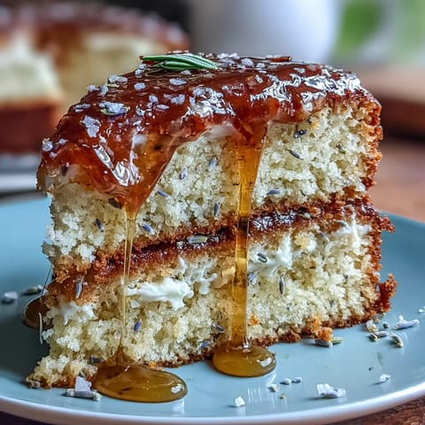Aromatic lavender cake topped with luscious salted honey drizzle, offering a harmonious blend of sweet and savory flavors.