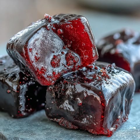 Close-up of homemade black currant and licorice candy pieces, highlighting their soft, chewy consistency and rich, dark color.