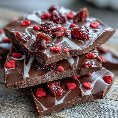 A glossy chocolate bark with swirls of dark and white chocolate, topped with vibrant freeze-dried strawberries and festive Valentine sprinkles.  