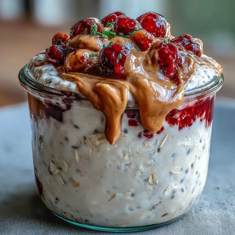 A jar of wholesome oats topped with vibrant berries and rich almond butter, perfect for meal prep.  
