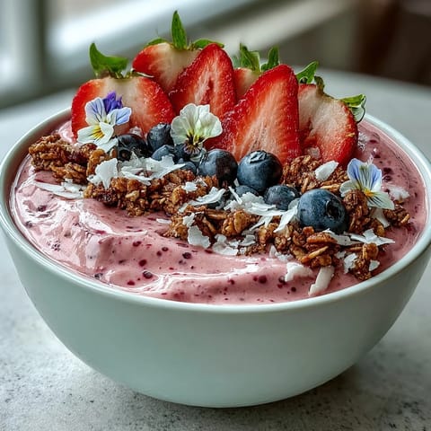 Creamy strawberry smoothie base blended with banana and yogurt, served in a bowl and adorned with colorful fruit and seeds.  