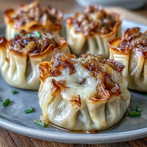 Caramelized French onion soup dumplings served golden brown with melted Gruyère and a savory broth drizzle.