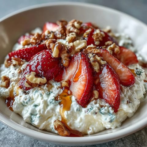 Vibrant cottage cheese fruit bowl featuring sliced strawberries, banana, and honey, topped with crunchy nuts and chia seeds.
