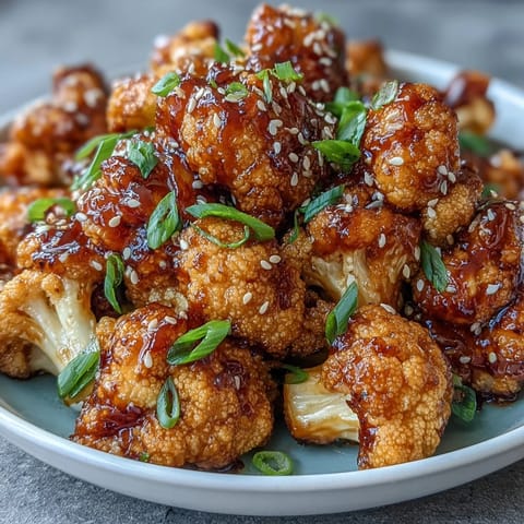 Crispy air-fried cauliflower bites tossed in a rich General Tso's sauce, offering a vegetarian twist on the classic takeout favorite, served hot and flavorful.  