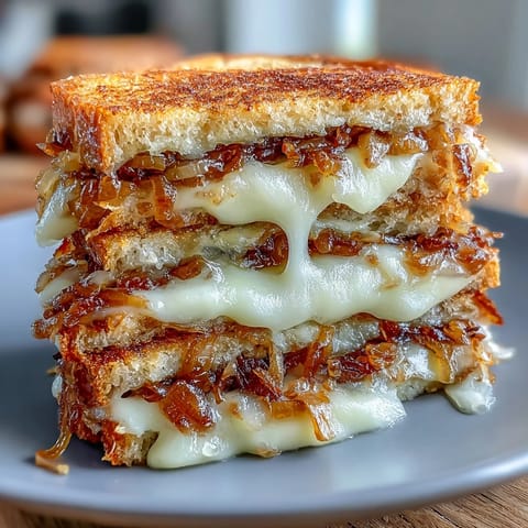 Sourdough grilled cheese with caramelized onions and Gruyere cheese, golden and melty with sweet onion layers.