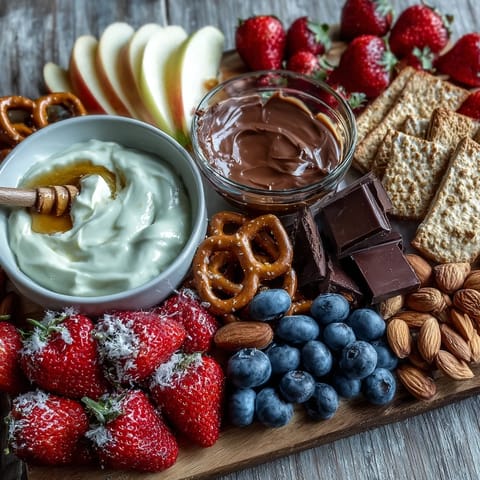 Vibrant Galentines snack board with leftover strawberries, creamy yogurt dip, and a colorful array of sweet and savory dippers.  