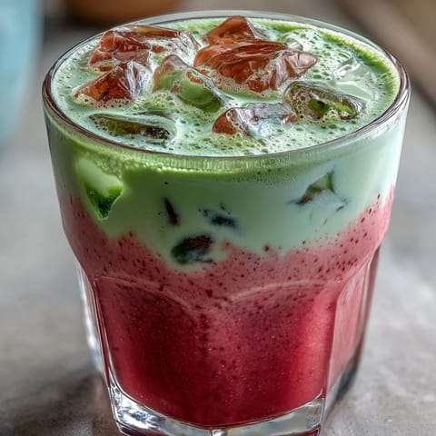 A refreshing layered iced latte with vibrant strawberry puree, earthy matcha, and creamy oat milk, perfect for warm days.