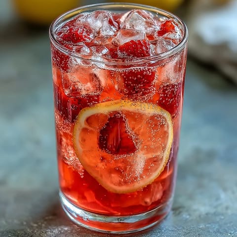 A vibrant strawberry lemonade mocktail with sparkling water, garnished with fresh strawberries and lemon slices, served over ice in a clear pitcher.