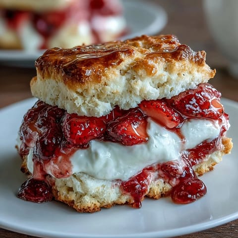 Golden-brown scones topped with strawberries and vanilla yogurt cream, ready to serve.  