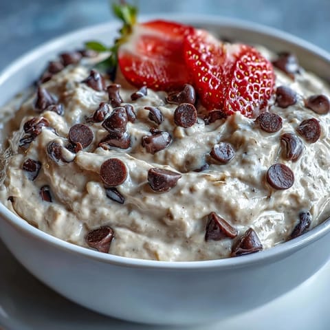 A creamy cottage cheese cookie dough dip topped with mini chocolate chips, ready for dipping fresh fruit.  