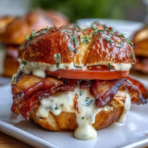 Warm turkey and bacon sliders topped with creamy Mornay sauce, melted cheese, and Roma tomatoes on soft rolls, perfect for Derby Day gatherings.
