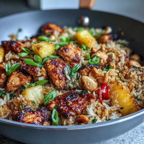 Close-up of homemade Hawaiian pineapple chicken fried rice, showcasing tender chicken, fresh pineapple, and vibrant veggies in a hot skillet.  