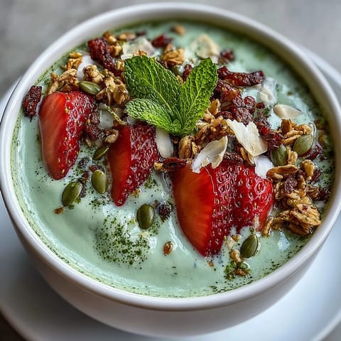 Vibrant strawberry matcha latte smoothie bowl with creamy green tea base and fresh fruit topping.