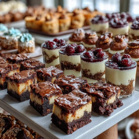 Housewarming Dessert Bar with Mini Treats - A colorful spread of bite-sized brownies, lemon cheesecakes, and fruit tartlets on a tiered stand.