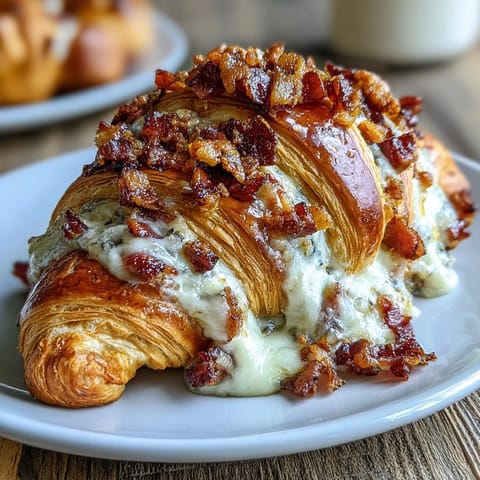 Savory ham and Swiss croissant bake with golden, flaky croissants layered with melty cheese and smoky ham.