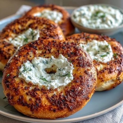 High-Protein Bagels with Greek Yogurt Everything Dip - golden bagels topped with everything seasoning, served with creamy Greek yogurt dip.  