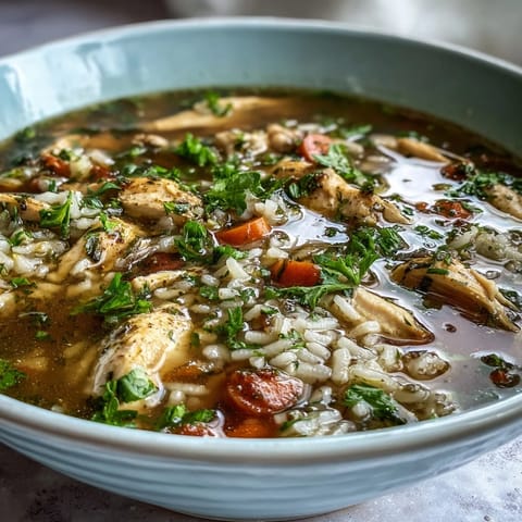 Warm bowl of chicken and rice soup with tender chicken, fresh vegetables, and aromatic broth in a rustic pot.