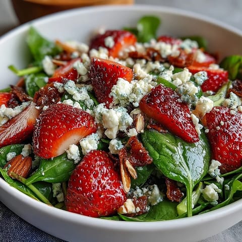 Fresh strawberry spinach salad with poppyseed dressing, featuring sweet berries, tender greens, and crunchy nuts in a creamy homemade dressing.