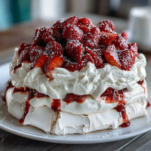 A crisp and chewy strawberry pavlova topped with fluffy whipped cream and juicy fresh strawberries.