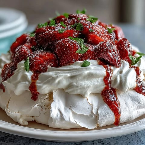 Delicate meringue nest piled high with whipped cream and sweet macerated strawberries for dessert.