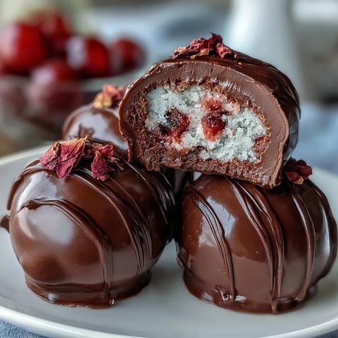 Dubai-Style Strawberry Truffles with Dark Chocolate Shell: a luxurious bite of rosewater-infused strawberry and cardamom, enrobed in glossy dark chocolate.