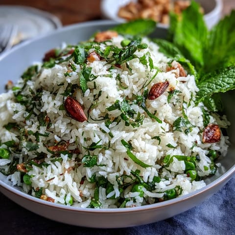 Aromatic rice pilaf infused with sweet spring peas, fresh mint, and lemon zest, offering a light and refreshing vegetarian side.  