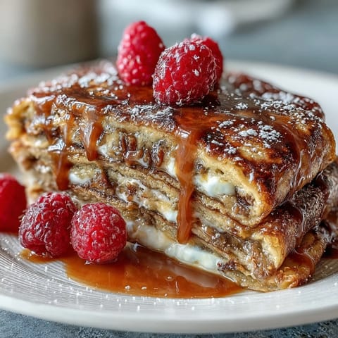 Fluffy pancake casserole with fresh berries and creamy custard, baked golden for a cozy Mothers Day brunch centerpiece.  