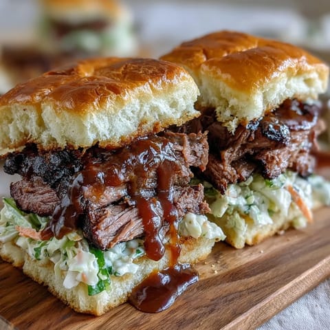 Smoky BBQ brisket sliders with tangy sauce and crisp coleslaw on soft buns, perfect for sharing at parties.