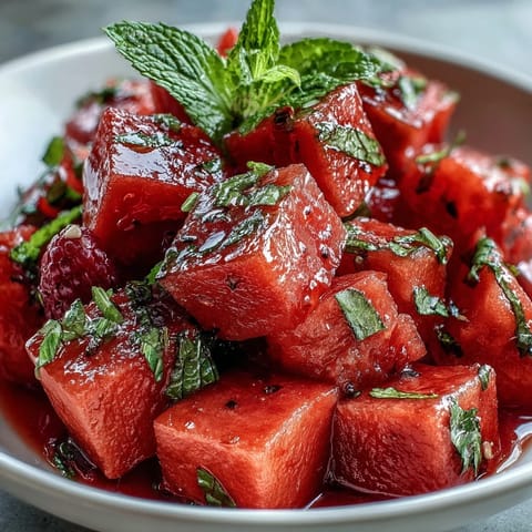 A vibrant watermelon carving board overflowing with fresh berries and mint, perfect for summer parties.  
