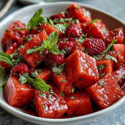 Elegant carved watermelon boat filled with juicy melon balls and a colorful mix of ripe berries.  