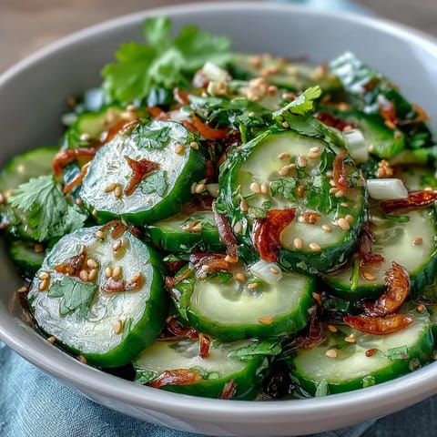 Crisp Asian cucumber salad with sesame and rice vinegar, perfect for a light, refreshing side dish or appetizer.
