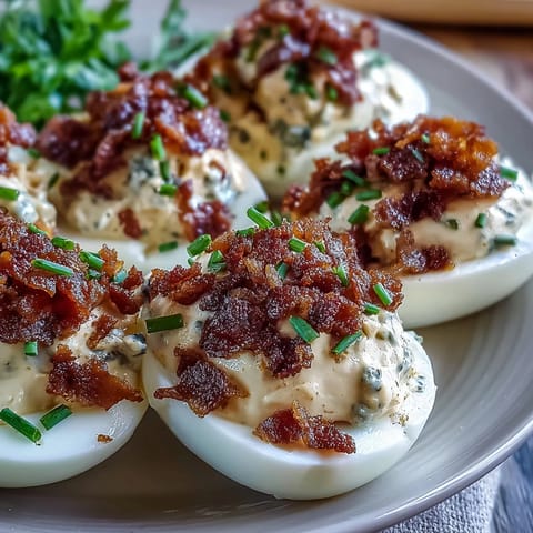 Ranch-infused deviled eggs topped with crunchy bacon bits, chives, and a hint of paprika.