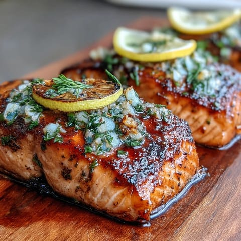 Cedar plank salmon with garlic dill, grilled to smoky perfection with fresh herbs and lemon zest.