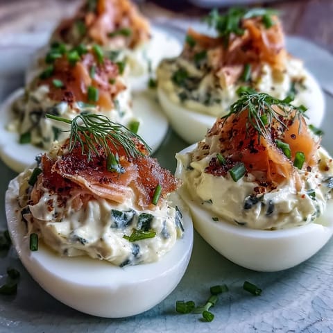 Smoked salmon deviled eggs topped with everything bagel seasoning for a savory, elegant appetizer.