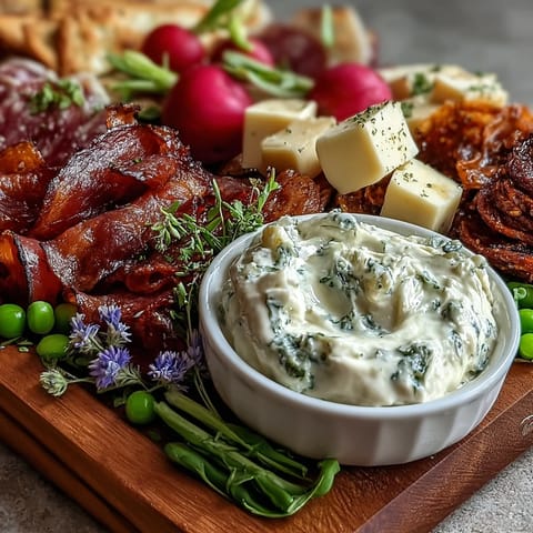 Vibrant spring charcuterie board with radishes, peas, and herb dip, perfect for light entertaining and fresh flavors.