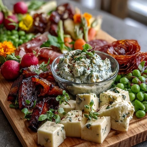 Fresh and colorful spring charcuterie board featuring radishes, peas, and herb dip alongside meats, cheeses, and crisp vegetables.