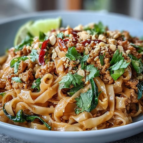 A close-up of Creamy Thai-Inspired Peanut Noodle Bowls garnished with chopped peanuts, fresh cilantro, and lime wedges.