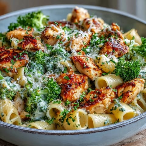 Creamy Garlic Parmesan Broccoli & Chicken Pasta in a skillet, garnished with parsley.