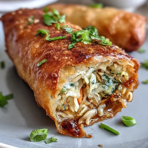 Crispy spring rolls with peanut sauce, golden and crunchy, filled with fresh vegetables and vermicelli noodles.  