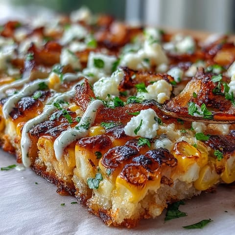 Festive Cinco de Mayo flatbread topped with charred corn, cotija cheese, and zesty jalapeño crema, served hot and ready to share.
