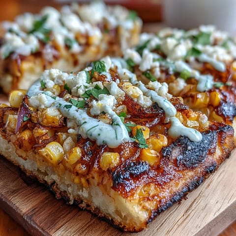 Vibrant street corn flatbread drizzled with creamy jalapeño sauce, garnished with cilantro and lime wedges for a bold, Mexican-inspired flavor.