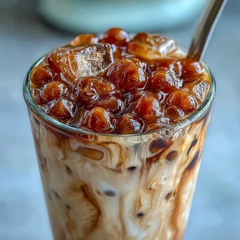 Creamy milk tea with chewy brown sugar tapioca pearls and a rich brown sugar syrup drizzle.  