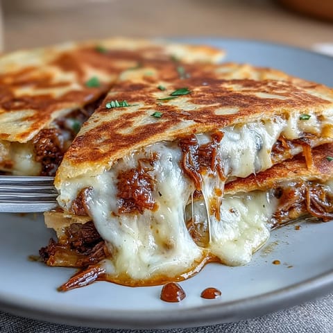A plate of cheesy Cinco de Mayo birria quesadillas with tender shredded beef, served with a side of rich, spicy consommé for dipping.
