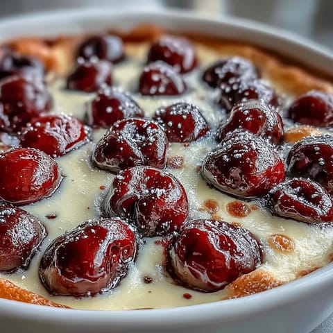 Fresh cherry clafoutis with vanilla bean custard, baked golden and dusted with powdered sugar for a rustic French dessert.