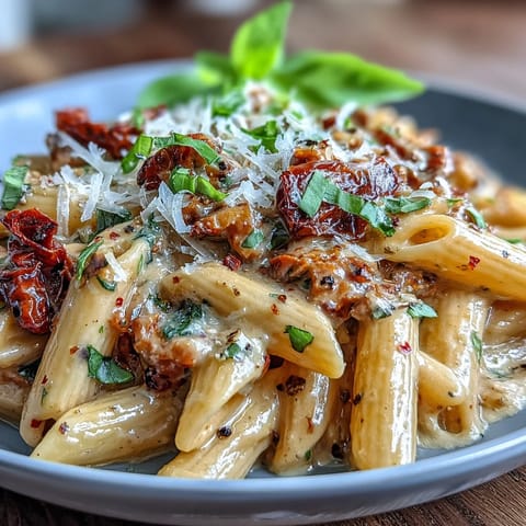 A creamy Marry Me Pasta with sun-dried tomatoes, garlic, and parmesan in a rich sauce, perfect for an impressive dinner.
