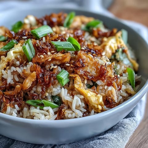 Chili Crisp Egg Fried Rice with crispy chili oil and fluffy scrambled eggs, garnished with scallions.  