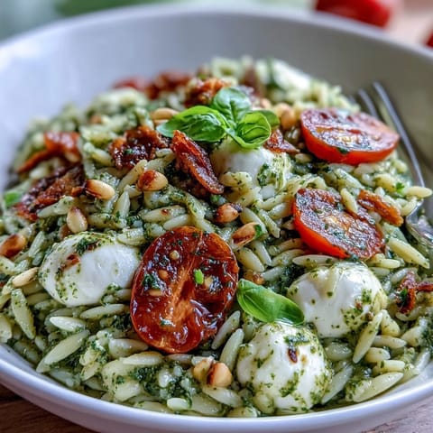 Vibrant cold pesto orzo salad with cherry tomatoes, mozzarella, and fresh basil leaves in a creamy pesto dressing.  