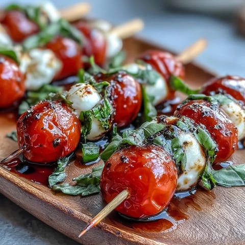 Colorful Caprese skewers bursting with fresh basil, mozzarella, and tomatoes.