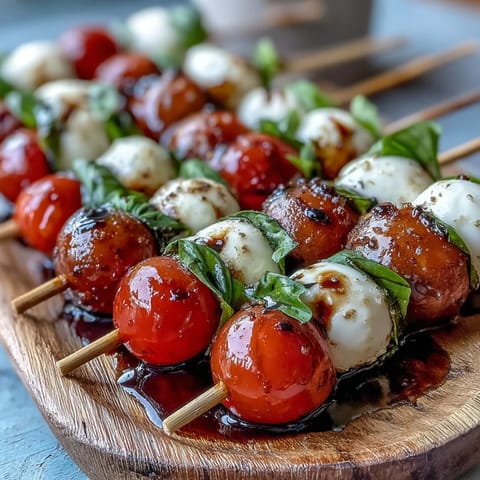 Juicy Caprese skewers appetizer with glossy balsamic perfection, ready to enjoy.
